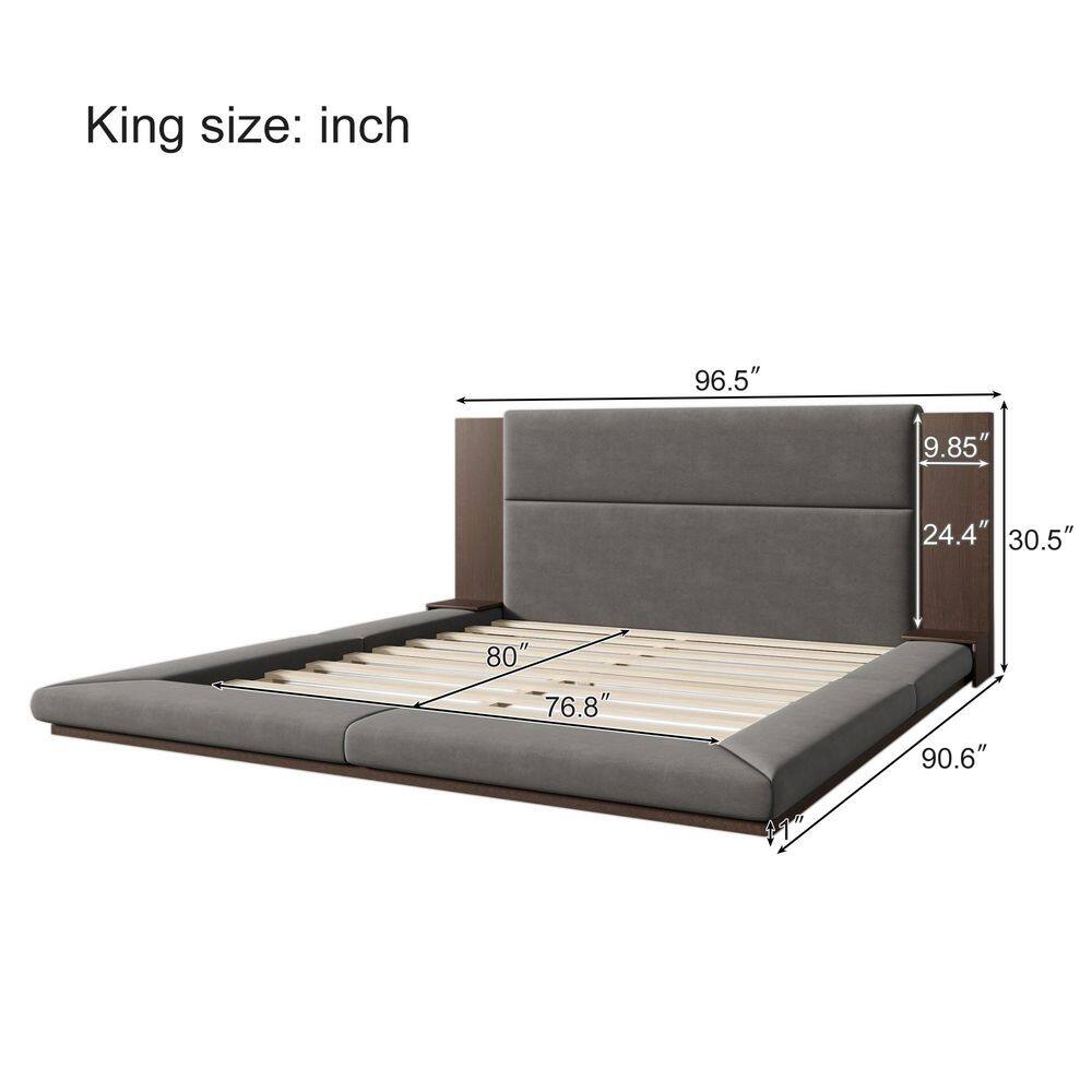 Gray Wood Frame King Size Velvet Upholstered Platform Bed Floor Bed with Extended Wood Headboard, Bedside Shelf - thumbnail 2