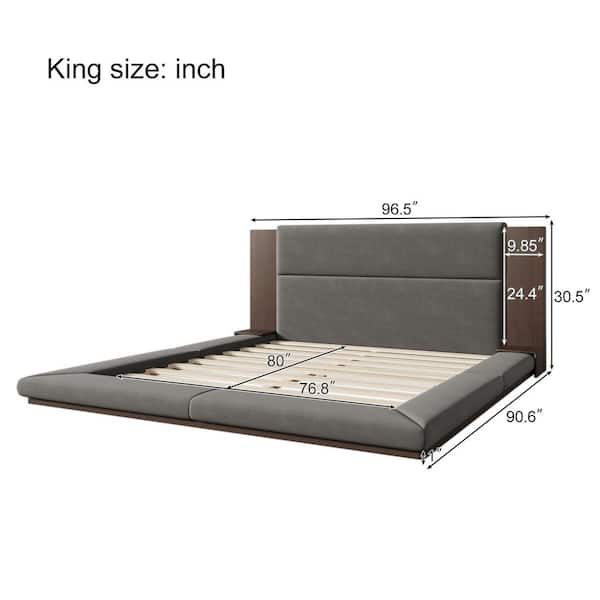 Gray Wood Frame King Size Velvet Upholstered Platform Bed Floor Bed with Extended Wood Headboard, Bedside Shelf