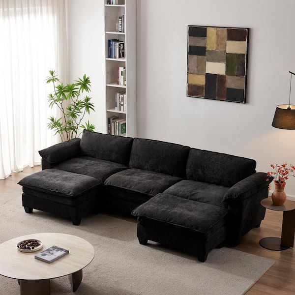 Fayden Modern 120.1 in. Pillow Top Arms Chenille Upholstered Rectangle 3-Seater Sofa Loveseat in Black with Ottomans