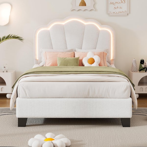 Polibi White Wood Frame Twin Size Upholstered Platform Bed, with LED Light Strip Elegant Flowers Headboard