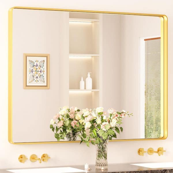 48 in. W. x 36 in. H Modern Rectangular Aluminum Framed Wall Bathroom Vanity Mirror in Brush Gold Bathroom Mirrors