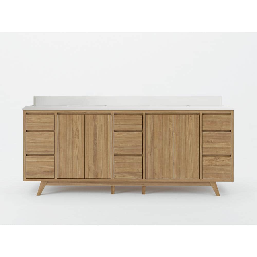 Madison Teak 84 in. W x 22 in. D x 36 in. H Double Sink Bath Vanity in Golden Teak with Cove Edge White Quartz