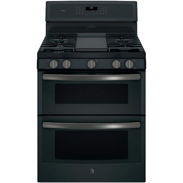 GE Profile 30 in. 6.8 cu. ft. Double Oven Gas Range with Self-Cleaning in Black Slate, Fingerprint Resistant