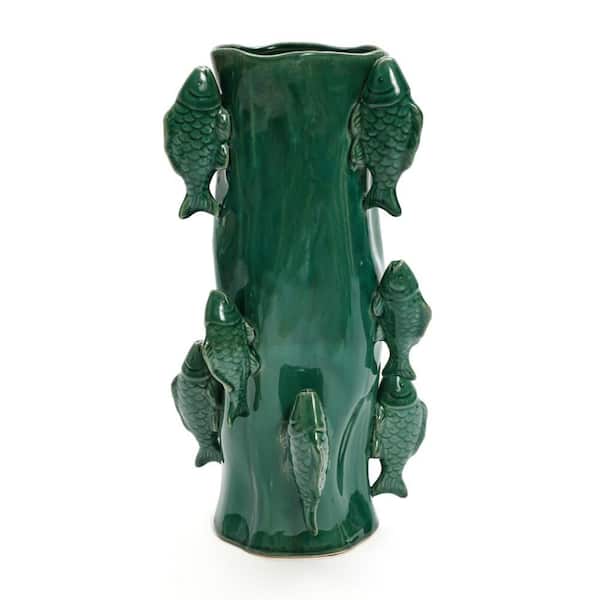 LuxenHome 15 in. Marine Green Ceramic Fish Round Vase