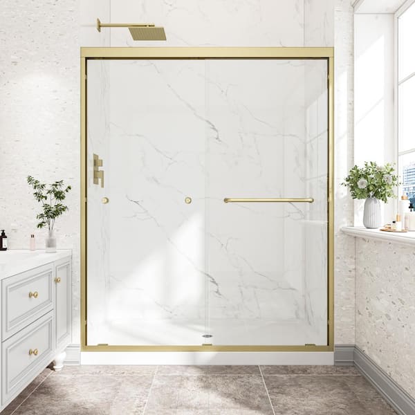 55-60 in. W x 72 in. H Double Bypass Sliding Shower Door in Brushed Gold with 1/4 in. Tempered Glass