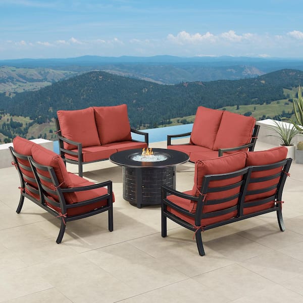 Oakland Living Black 7-Piece Aluminum Patio Fire Pit with 4-Deep Seating Loveseat Red Cushions