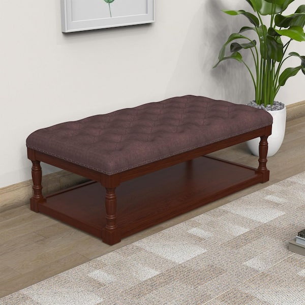 Tubbs 48 in. Chocolate Brown Tufted Linen Cocktail Shelved Ottoman