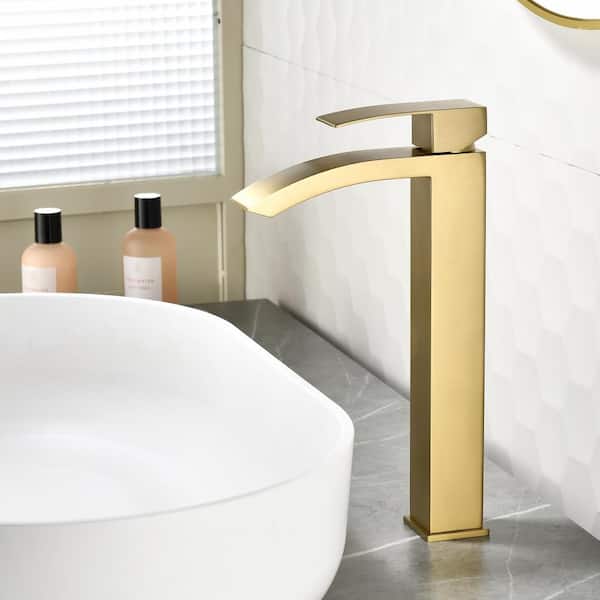 Single Handle Vessel Sink Faucet with Pop-Up Drain, Single Hole Tall Bathroom Sink Faucet in Brushed Gold