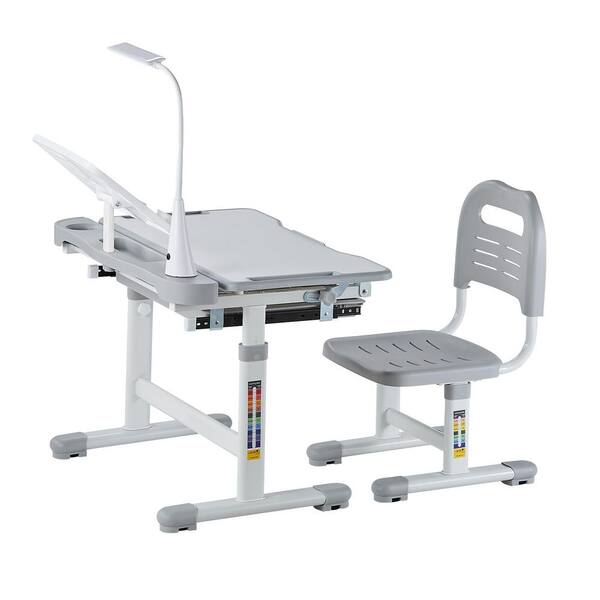 Kids Study Chair and Desk Set, Study Desk and Chair for Kids with Table Lamp, Adjustable Height and 0-40° Tilted