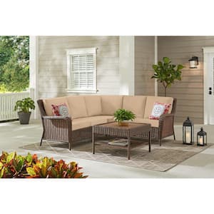 Cambridge 4-Piece Brown Wicker Outdoor Patio Sectional Sofa and Table with Sunbrella Beige Tan Cushions