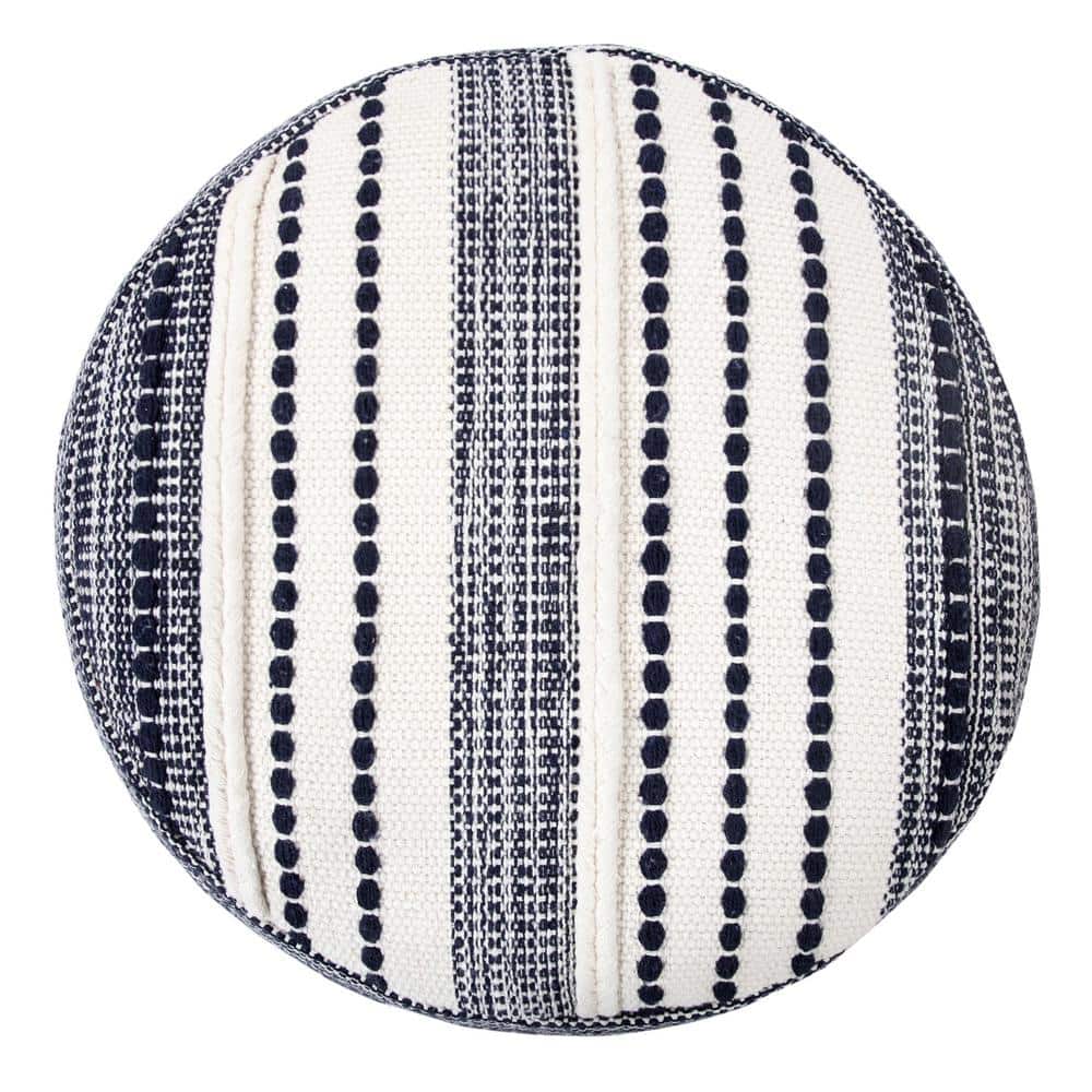 Navy and Ivory Seaside Striped Cotton Pouf Ottoman, 18" x 14"