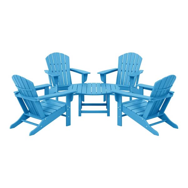 WESTIN OUTDOOR Altura Fade Resistant HDPE Plastic Pacific Blue 5-Piece Adirondack Chair Outdoor Patio Conversation, Round Coffee Table