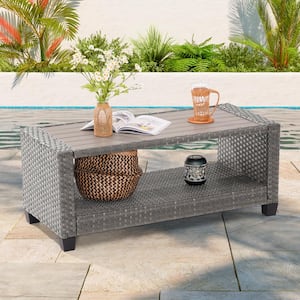 Patio HIPS Coffee Table, Rectangular Outdoor Wicker End Table, Gray
