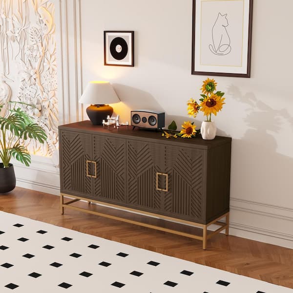 Harper & Bright Designs Retro Style Espresso MDF 59.8 in. Sideboard with Adjustable Shelves, Rectangular Metal Handles and Legs