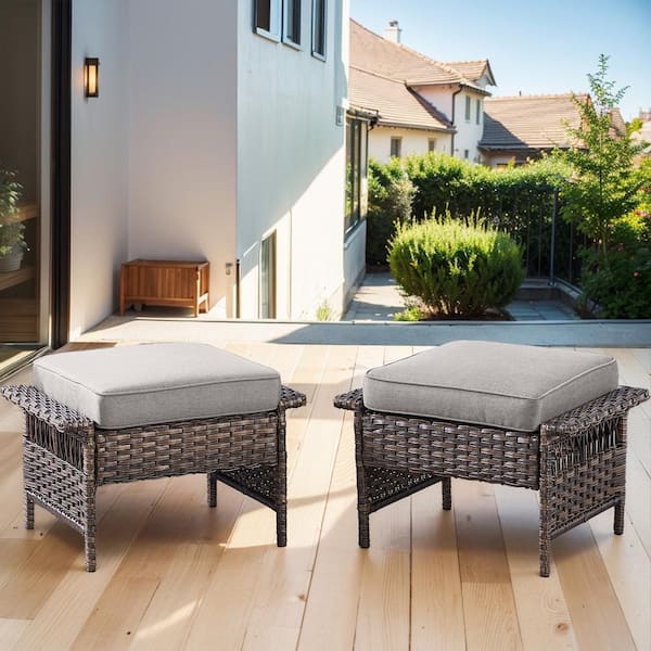 Seagull Series 2-Pack Wicker Outdoor Ottoman Steel Frame Footstool with Removable Gray Cushions