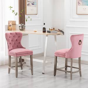 Harper 24 in. in Pink Velvet Tufted Wingback Kitchen Counter Bar Stool with Solid Wood Frame in Antique Gray (Set of 2)