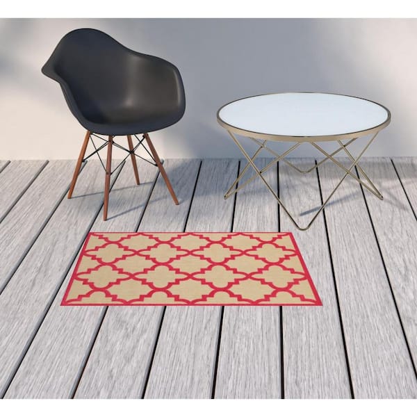 Pink 2 ft. x 3 ft. Loomed Geometric Polypropylene Rectangle Indoor/Outdoor Area Rug