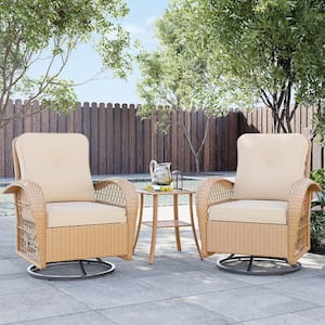 3-Piece Yellow Wicker Outdoor Rocking Chair Patio Swivel Chair with Cushion and Side Table