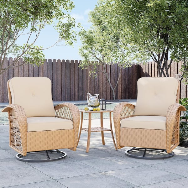 UPHA 3-Piece Yellow Wicker Outdoor Rocking Chair Patio Swivel Chair with Cushion and Side Table