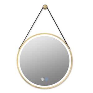 28 in. W x 28 in. H Round Framed Wall Bathroom Vanity Mirror in Gold with Lamp Hanging