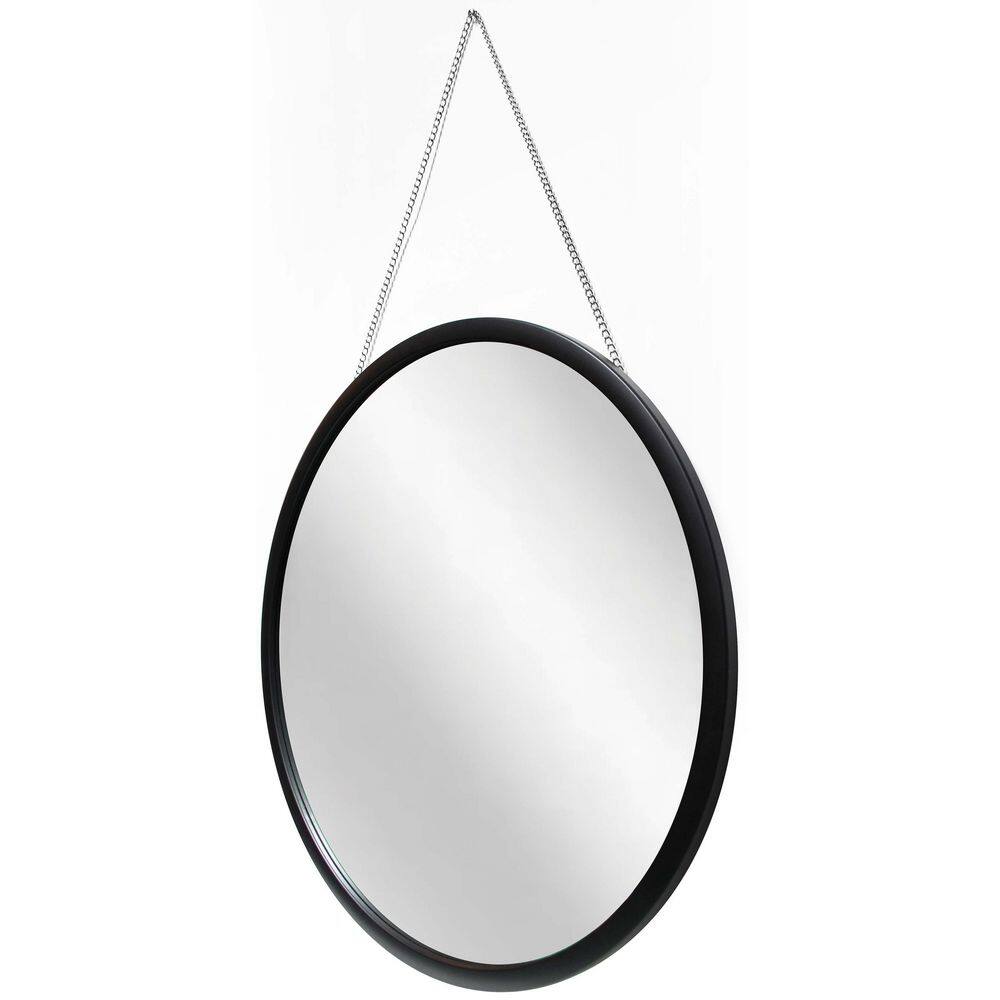 17.5" Round Black Wall Mirror with Silver Chain