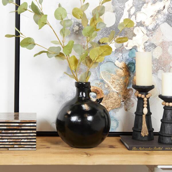 Litton Lane Black Jug Inspired Ceramic Decorative Vase with Rattan