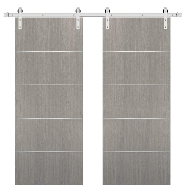 Sartodoors 0020 56 in. x 96 in. Flush Grey Oak Finished Wood Barn Door Slab with Hardware Kit Stailess