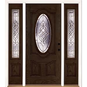 63.5 in.x81.625 in. Lakewood Brass 3/4 Oval Lite Stained Walnut Oak Left-Hand Fiberglass Prehung Front Door w/Sidelites