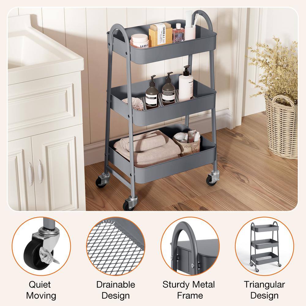 Gray Metal 3-Tier Rolling Kitchen Storage Cart