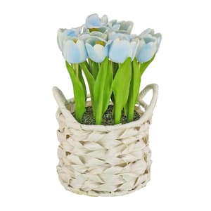 10 in. Artificial Floral Arrangements Tulips in Basket- Color: Blue