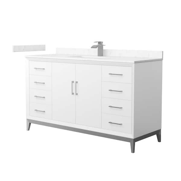 Wyndham Collection Amici 60 in. W x 22 in. D x 35.25 in. H Single Bath Vanity in White w/Br. Nickel Trim with Carrara Cultured Marble Top