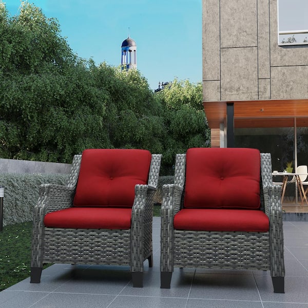 JOYSIDE 2-Piece Wicker Patio Outdoor Lounge Chair with Red Cushions