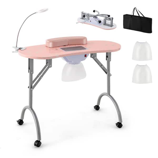 Costway Folding & Portable Manicure Table with Dust Collector LED Lamp Carry Bag 35 in. Pink Specialty Wood Console Table