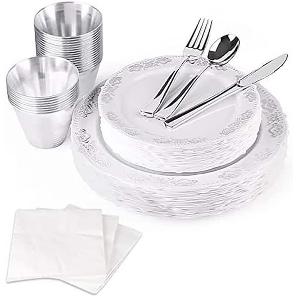 Adrinfly Silver White Disposable Dinnerware Set for 25-Guests, 175-Pieces (5-Sets)