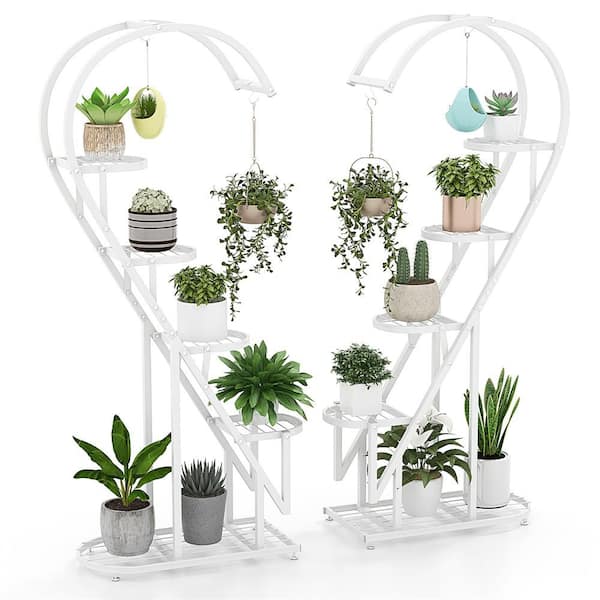 58in. H x27 in. W x 12 in. D Indoor White 5-Tier Metal Plant Stand, Heart-shaped Plant Shelf Tiered with 4 Hanging Hooks