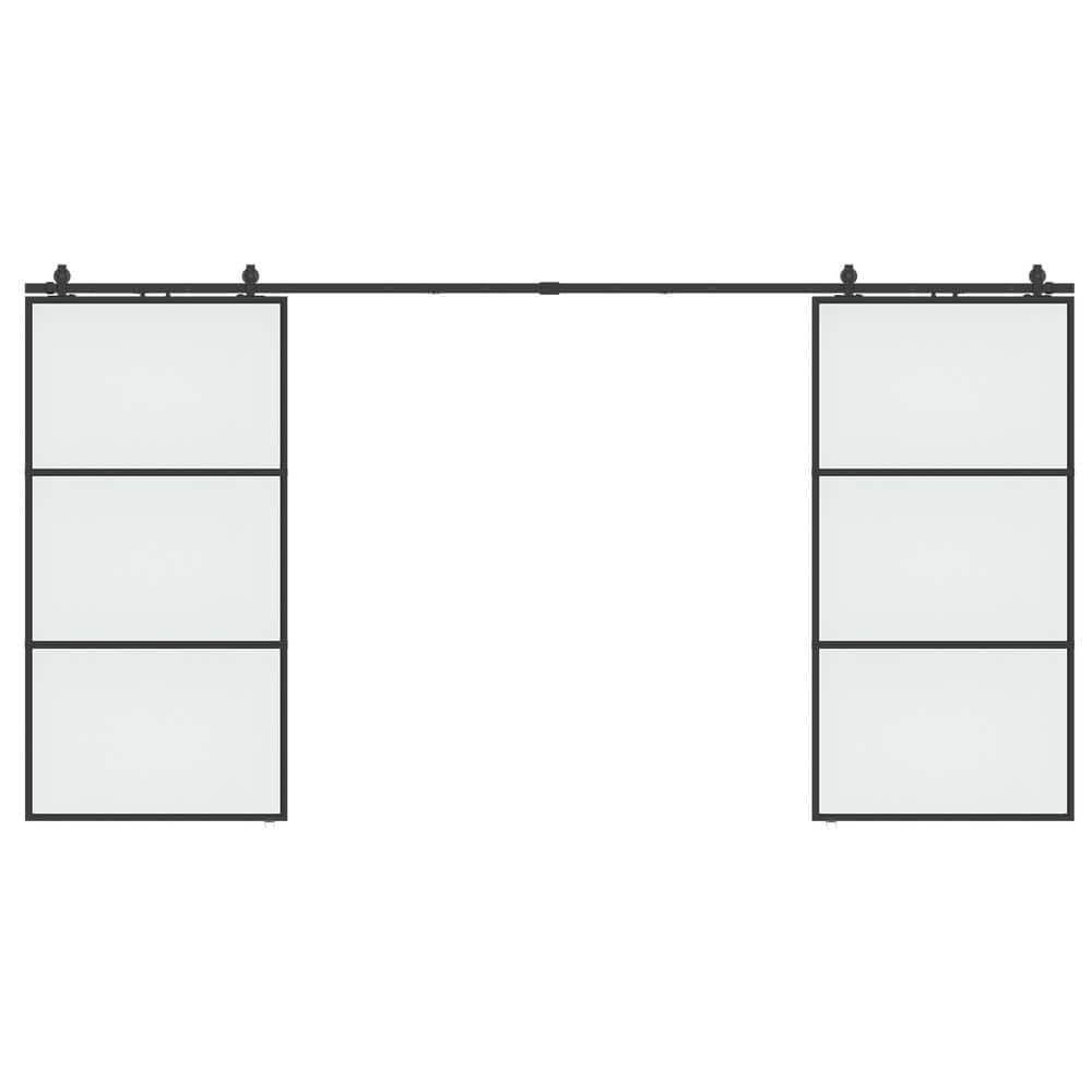 84 in. x 84 in. Full-lite Frosted Glass Black Metal Frame Double Sliding Ba