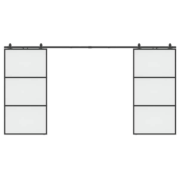 SOCBAZZAR 84 in. x 84 in. Full-lite Frosted Glass Black Metal Frame Double Sliding Barn Door with Hardware Kit and Soft-close