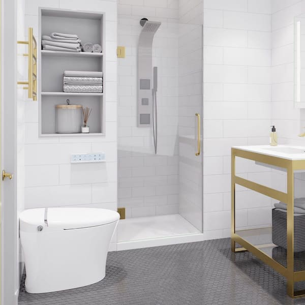 Fellow Series 30 in. by 72 in. Frameless Hinged Shower Door in Brushed Gold with Clear Tempered Glass and Tsunami Guard