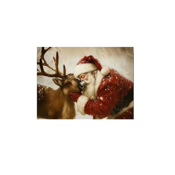 Wood Framed Santa Claus and Reindeer 24*36, Canvas Print, Festive Holiday Decor for Christmas.