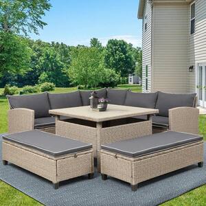 Brown 6-Piece Patio Outdoor Wicker Rattan Sectional Sofa with Gray Cushions Table and Benches for Backyard Garden