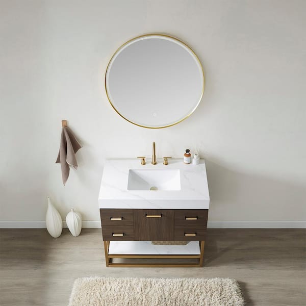 Walcut 36 Inch Bathroom Vanity with Sink, Gray Bathroom Vanities Modern  Wood Cabinet Basin Vessel Sink Set with Mirror, Chrome Faucet, P-Trap