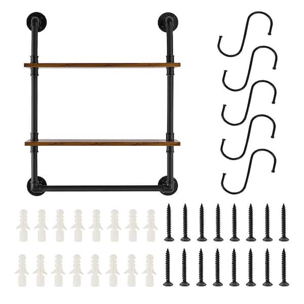 Industrial Pipe Shelf, 2 Tier, 7.87 in.W x 24 in.D, Brown, Wood, Solid, Wall-Mount Floating Rustic Decorative Wall Shelf