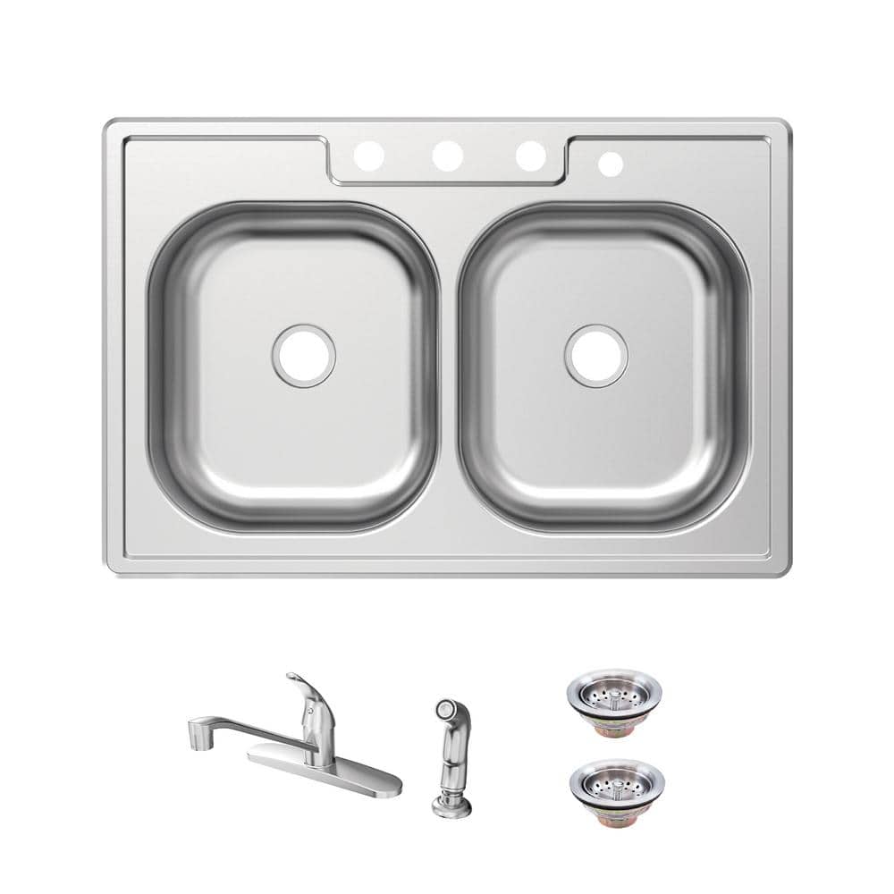 33'' Brushed Stainless Steel Double Bowl Kitchen Sink with Faucet