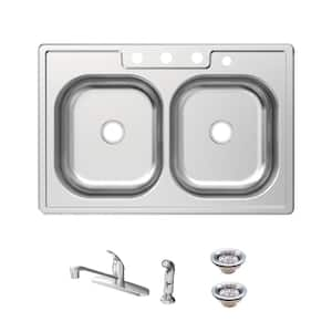 33 in. Drop-In 50/50 Double Bowl 20 Gauge Stainless Steel Kitchen Sink with Faucet and Sprayer