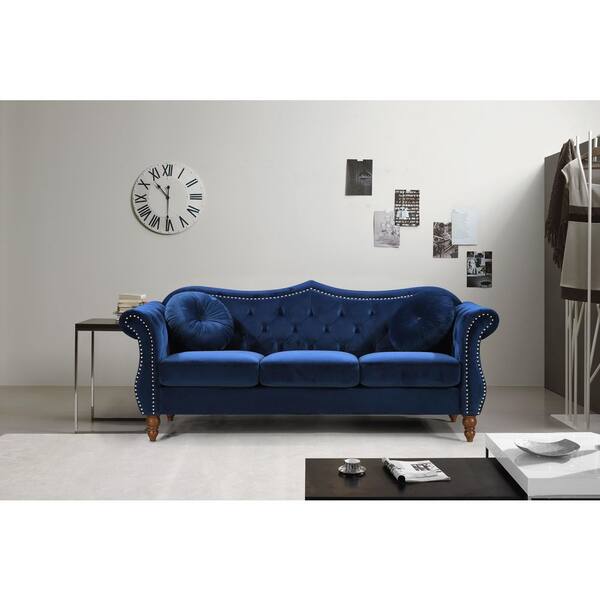 Blue sofa with nailhead trim discount