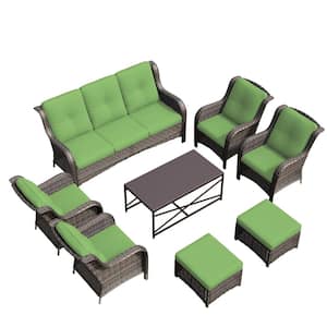 8-Piece Patio Conversation Sofa Set Furniture Sectional Seating Set with Green Cushion and Coffee Table