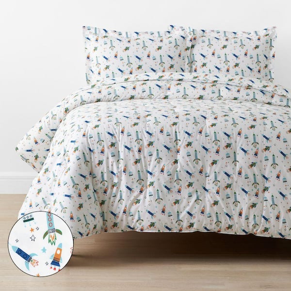 Company Kids White Multi Space Adventure Organic Cotton Percale Full/Queen Comforter Set
