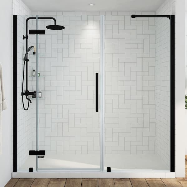 OVE Decors Tampa 65 in. -  67 3/8 in. W x 72 in. H Pivot Frameless Shower Door in Black With Shelves
