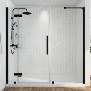 Tampa 69 3/8 in. W x 72 in. H Pivot Frameless Shower Door in Black With Shelves
