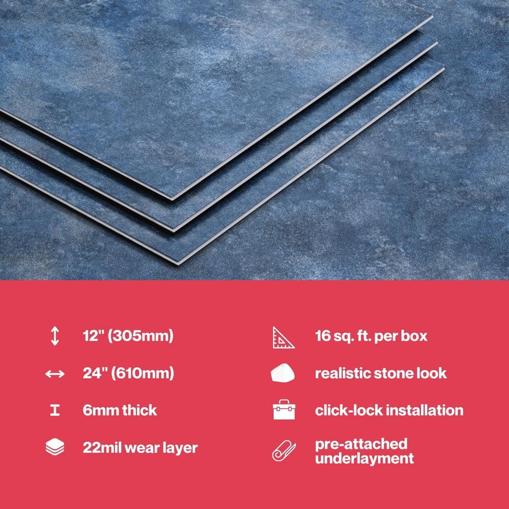 Topaz Blue Stone Look 12" x 24" Waterproof Vinyl Tile